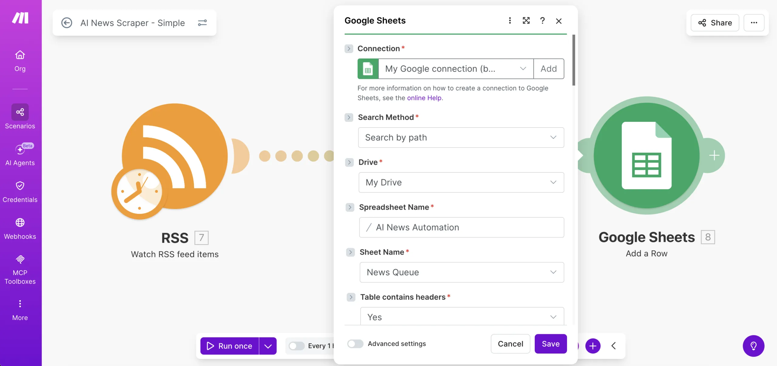 Make.com module configuration panel showing Google Sheets connection setup with field mapping