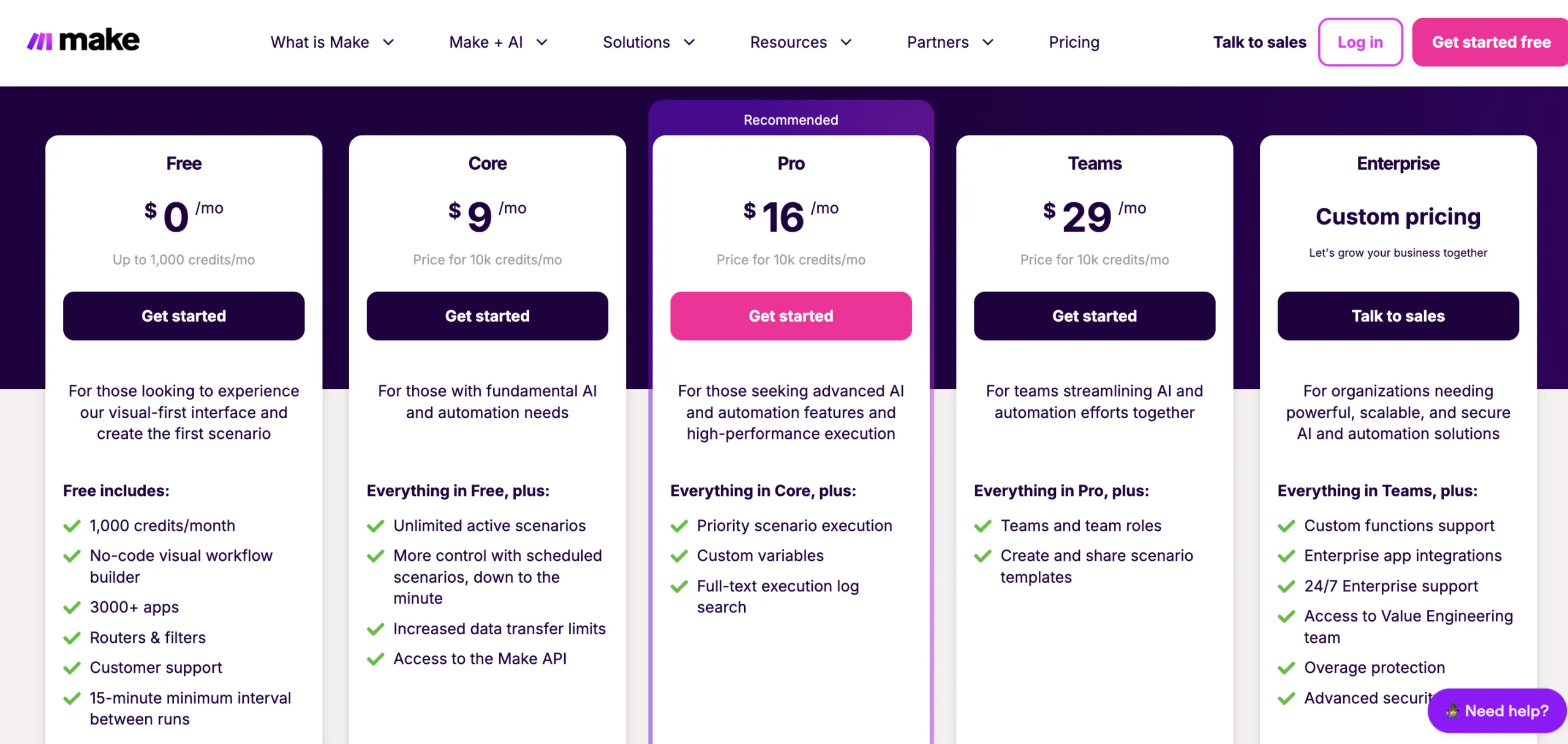 Make.com pricing page showing Free, Core ($9/mo), Pro ($16/mo), Teams ($29/mo), and Enterprise plans