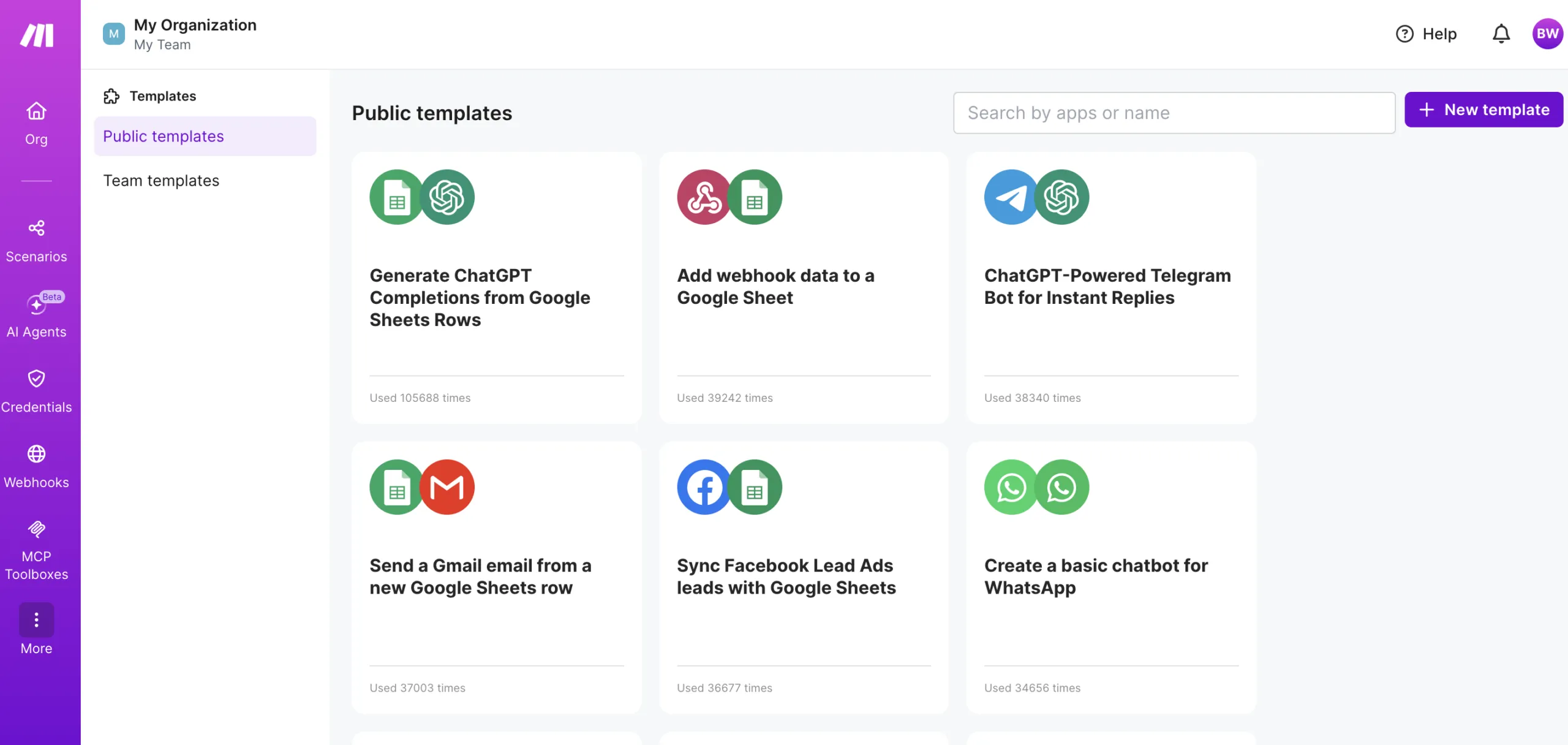 Make.com public templates marketplace with pre-built automation workflows for ChatGPT, Google Sheets, Telegram, and more