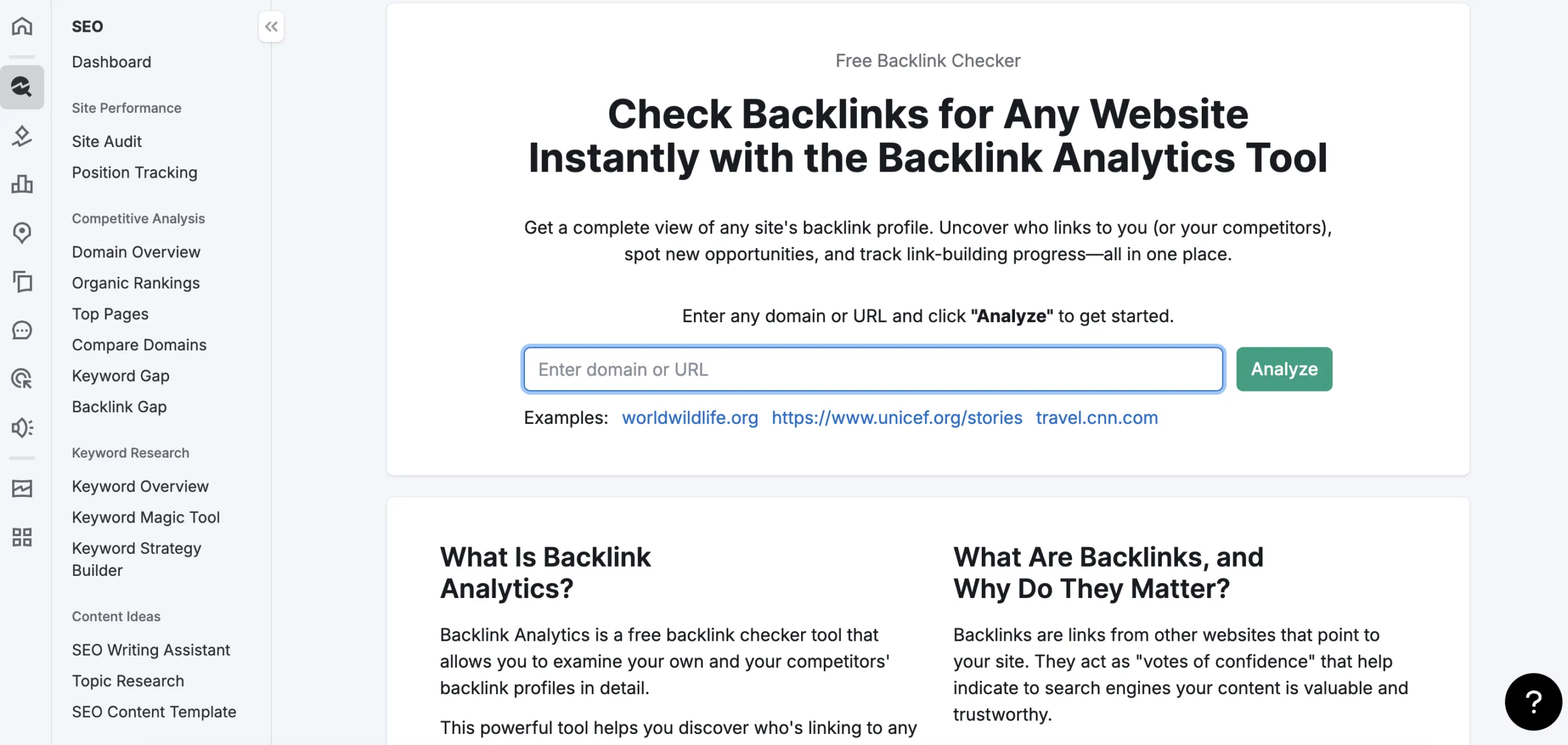 Semrush Backlink Analytics showing referring domains and backlink profile overview