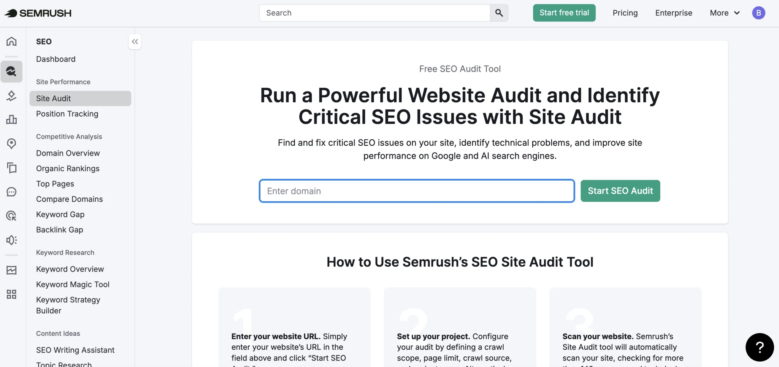 Semrush Site Audit dashboard showing website health score, errors, and technical SEO issues